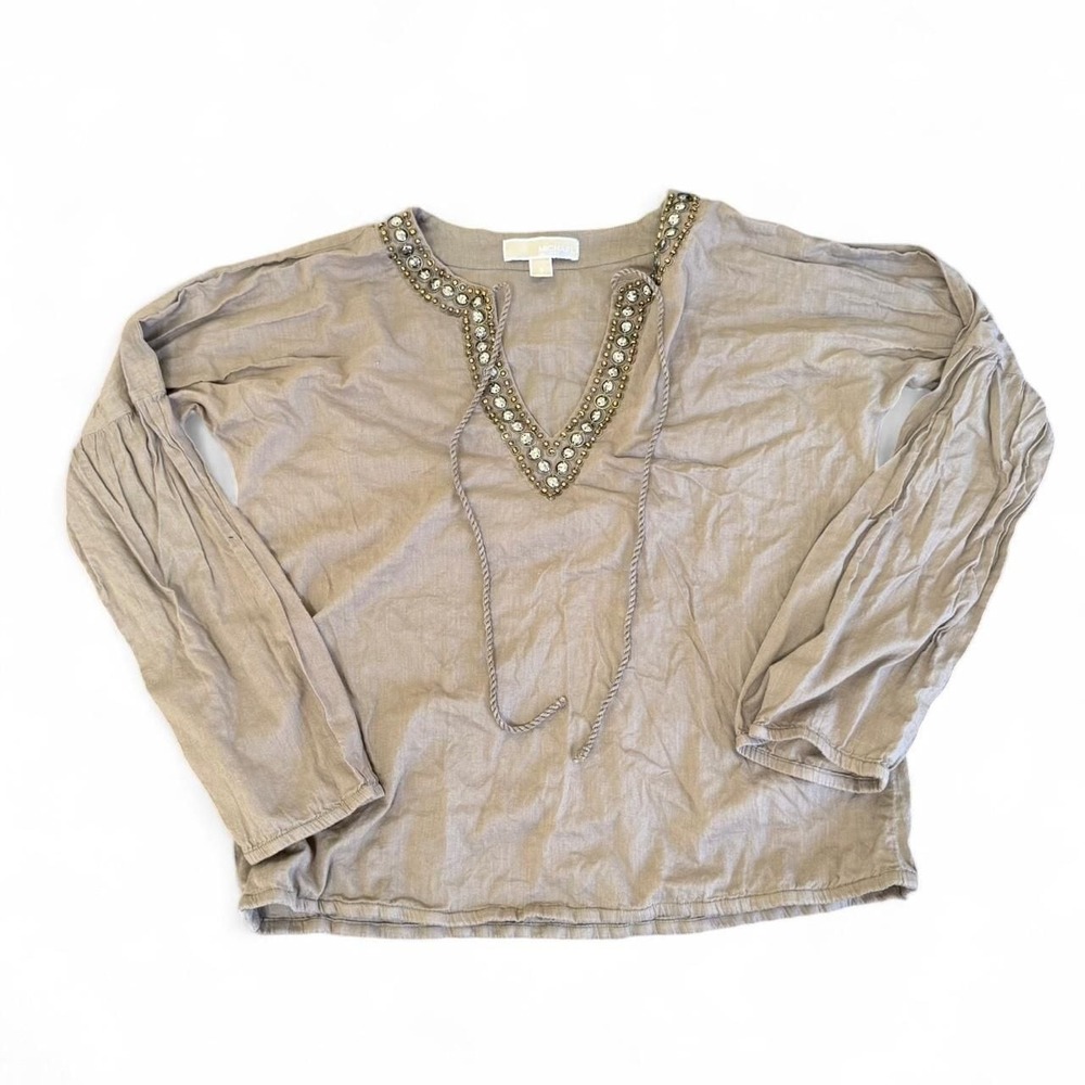 Michael Kors Embellished V-Neck Blouse, Light Brown, Women's Size‎ S